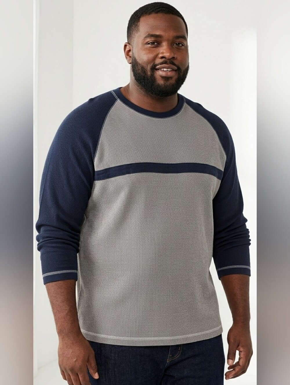 Vintage Old Navy Men's Waffle Knit Thermal Top Grey Navy Blue Stripe - Size XXL